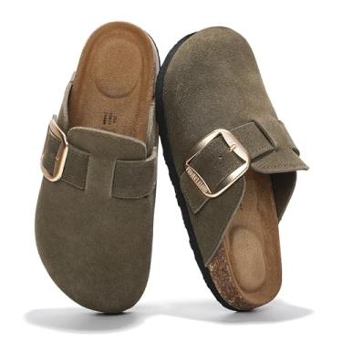 Imagem de Project Cloud Tamancos de couro genuíno para mulheres - Palmilha de espuma viscoelástica, antiderrapante e de cortiça natural, suporte de arco, tamancos e mules femininos com fivela grande (Manchester