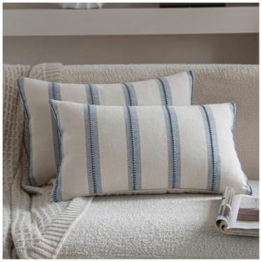 Imagem de Cethom Conjunto de 2 capas de almofada Boho 30,5 x 50,8 cm, listras bege e Bliue decorativas para sofá, cadeira e cama, capas de almofada texturizadas para sala de estar, quarto, sofá, decoração de