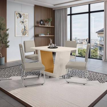Imagem de Mesa Viena 120x90cm Tampo de Mdf e Vidro com 4 Cadeiras Monaco Off White/Marrom