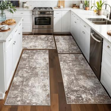Imagem de Conjunto de tapetes de cozinha de 4 peças com passadeira – Tapetes laváveis antiderrapantes para pia, entrada, corredor, banheiro – Tapetes macios neutros abstratos modernos (marrom, 3 x 2 x 4 + 5 x 5