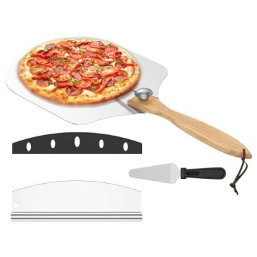 Imagem de 3 peças de espátula de pizza de alumínio para pizza com alça de madeira dobrável, acessórios de forno para assar em casa, leve