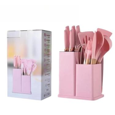 Imagem de Kit Completo Jogo Utensílios de Cozinha Luxo 19 Peças Com Tábua em Silicone Espátula Faca Tesoura(Rosa)