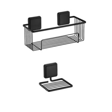 Imagem de Kit banheiro preto fosco 2 peças fixaçao por adesivo Norbond Future porta shampoo, saboneteira 180PT 181PT