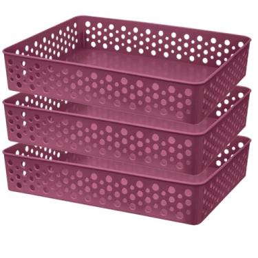 Imagem de Kit 3 Cestos Organizador Trama Rattam Grande 34x25cm Gavetas Armario Guarda Roupas (Bordô)