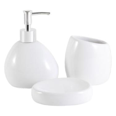 Imagem de Kit Para Banheiro 3 PeçAs Em CerâMica Branca 400ml - Dispenser E Porta-Escovas Com Saboneteira, Requinte E ElegâNcia