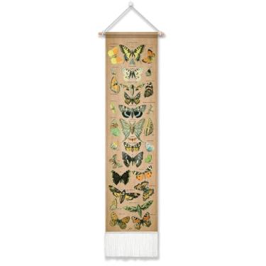 Imagem de Tapeçaria de borboleta vintage 129,5 cm x 33 cm, tapeçaria de borboleta ilustrativa de referência vertical longa para quarto tapeçaria estética de borboletas Papillon tapeçaria para pendurar na parede