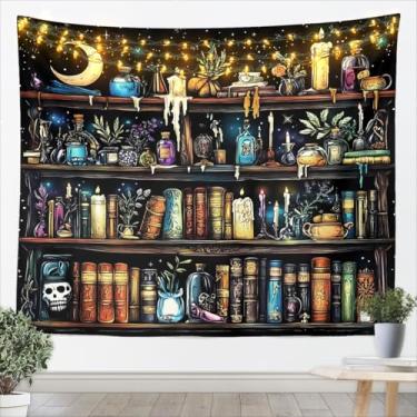 Imagem de Feelyou Estante mágica tapeçaria arte de parede bruxaria biblioteca vintage prateleira de livros para pendurar na parede para sala de estar quarto livros decoração de casa grande 150 x 208 cm