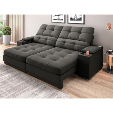 Imagem de Sofá com Porta Copos e Carregador USB Eureka 2,00m Assento Retrátil e Reclinável Velosuede - NETSOFAS