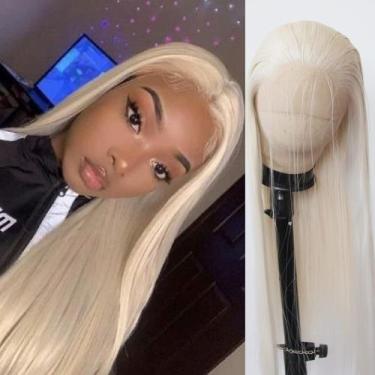 Imagem de Peruca sintética frontal de renda BTWTRY Platinum Blonde Long Straight