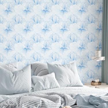 Imagem de Yullpaper Papel de parede floral azul descasque e cole papel de parede floral moderno impermeável papel de contato floral branco para armários de parede linhas de prateleira papel de parede