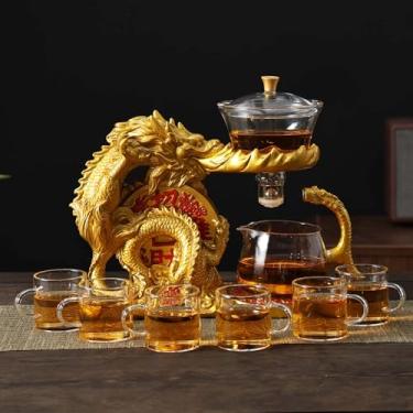 Imagem de Conjunto de bule de chá de vidro com infusor semiautomático, conjunto de chá de dragão com 6 xícaras pequenas (golden dragon-b)