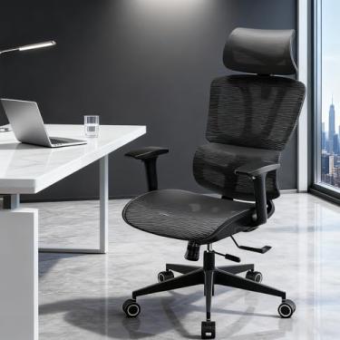 Imagem de Daksan Cadeira de Escritório Ergonômica com Encosto em Mesh, Apoio Lombar Regulável, Braços Ajustáveis e Rodas Suaves, Preto