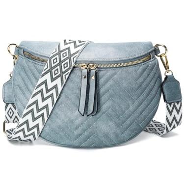 Imagem de Bolsa tiracolo feminina de couro vegano, pochete com cinto ajustável, bolsa de ombro estilo boho para viagens, uso diário, Azul, Medium, Boho