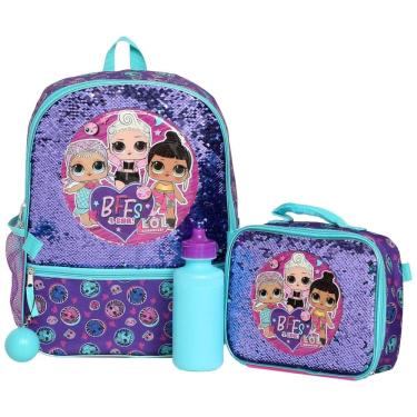 Imagem de Mochila Escolar Infantil 40cm L.O.L. Surprise 4 Peças com Lancheira para Crianças, Roxa