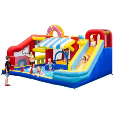 Imagem de Parque Aquático Inflável 9 em 1 VIVOHOME, Mercado Castelo Inflável com Escorregador, Pula-Pula 3,96x3,35m para Área Externa com Soprador