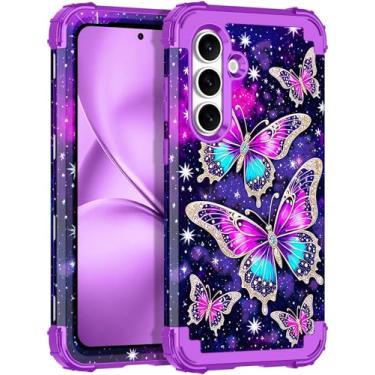 Imagem de LONTECT Capa para Galaxy S25 FE 5G Grow in The Dark à prova de choque 3 em 1 resistente, híbrida, resistente, resistente a quedas de alto impacto, capa florida Grow in the Dark, roxa