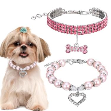 Imagem de Gtziqa Coleira de strass para cães e gatos, coleira de pérola ajustável, colar de gato com cristal de diamante, para festa de casamento, acessórios de joias para animais de estimação para meninas