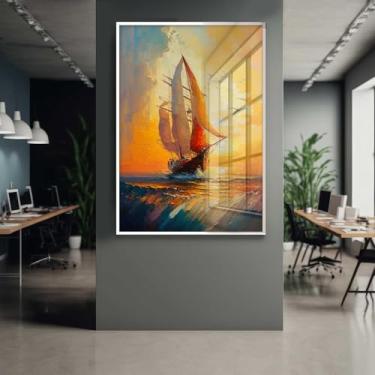 Imagem de Quadro Decorativo com Moldura e Acrilico Cristal Vidro Pintura Barco Por do Sol Vertical Sala Quarto Hall