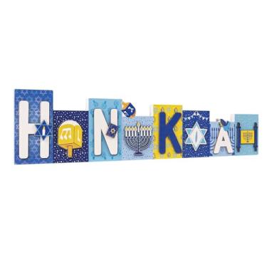 Imagem de caiydramy Placa de Hanukkah de madeira 3D, 40 × 10 cm, sinalização decorativa de canucá em pé, decoração de mesa, decoração de mesa, decoração de mesa de escritório para casa