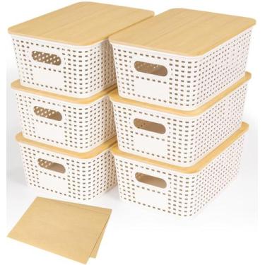 Imagem de Cestos de armazenamento Criusia Plastic com tampa de bambu, pacote com