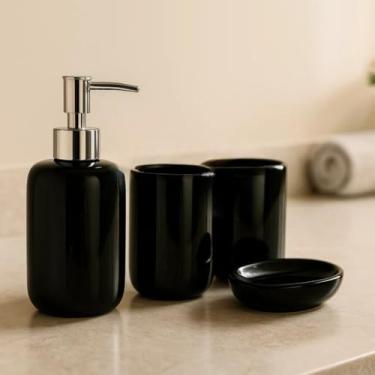 Imagem de Kit Banheiro 4 Peças em Cerâmica e Plástico com Dispenser Cromado 2 Porta-Escovas e Saboneteira – Organização e Estilo para Seu Lavabo (Preto)