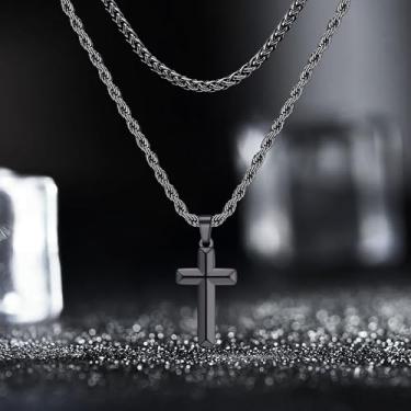 Imagem de Colar de cruz para homens, colares masculinos, pingente de aço inoxidável, 40 a 61 cm, joias femininas, presentes para pai e amigo, corrente de prata, 16" 18" 20" 22" 24", Aço inoxidável, Sem Pedra