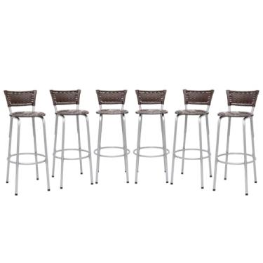 Imagem de Kit 6 Banquetas Alta Junco Argila Estrutura Prata 70cm Para Balcão Ilha Bancada Cozinha Bar Bistrô Americano - Itagold (Assento Floral Marrom)