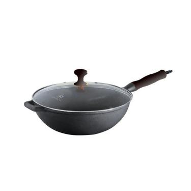 Imagem de Panela Wok Ferro Fundido Tampa Vidro Preta 28cm