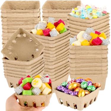 Imagem de Pacote com 90 cestas de frutas silvestres moldadas com fibra de polpa natural, 10 x 10 x 4,6 cm, suporte de recipiente pequeno, suprimentos de cozinha para mercados de agricultores de morango, mirtilo