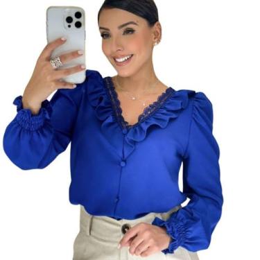 Imagem de Blusa Manga Longa Social Feminina Gola V Rendinha com Babado - G-Store