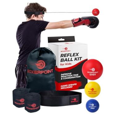 Imagem de Boxerpoint Conjunto de bolas de reflexo de boxe para crianças - 3 bolas de boxe, faixas ajustáveis, envoltórios de mão, bolsa de transporte e cordas extras. Jogo divertido para treinar velocidade de