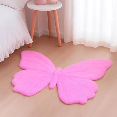 Imagem de Tinideya Tapete de borboleta infantil para quarto de meninas, fofo, rosa, brilhante, macio, pele de coelho, tapete felpudo para sala de jogos, rosa, decoração de quarto de meninas, 60 x 90 cm