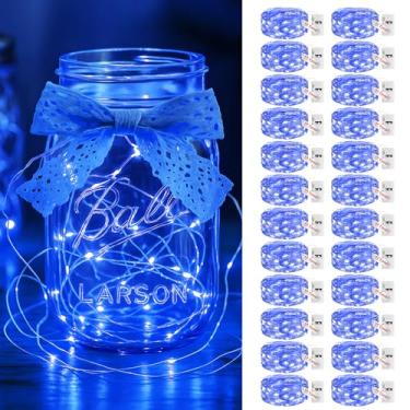 Imagem de litogo Pacote com 24 luzes de fadas operadas a pilha, luzes cintilantes, alimentadas por bateria, à prova d'água, pequeno fio prata para potes de pedreiro de Natal, mesa de casamento, azul