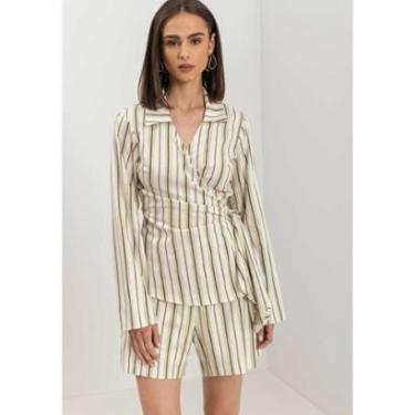 Imagem de Blusa Transpassada De Mangas Longas Em Linho Leve Listrado-Feminino