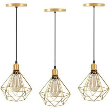 Imagem de Kit 3 Luminárias de Teto Modelo Diamante Dourado Com Fio Preto - CZ
