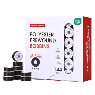 Imagem de Richword Bobinas pré-enroladas selecionadas, lado de papelão preto, 144 peças, tamanho G (SA155), 70D/2 (60WT) fio de bobina de poliéster para máquina de bordar com várias agulhas comerciais, 100