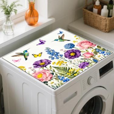 Imagem de GLOBLELAND Capa protetora superior para máquina de lavar e secar em conjunto de flores beija-flor 23,6 × 23,15 cm almofada protetora superior para máquina de lavar roupa antiderrapante para lavanderia