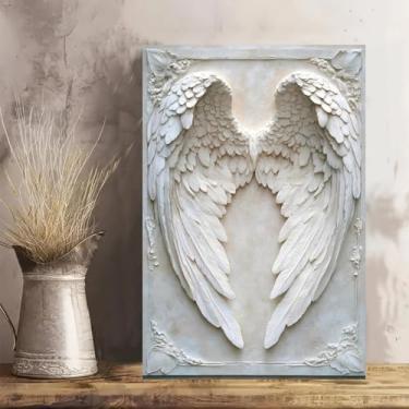 Imagem de Arte de parede em tela rústica vintage em relevo com asas de anjo - Pôster sem moldura de 30 x 45 cm - Ideia de presente para decoração de casa e escritório para sala de estar, quarto, cozinha e café