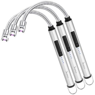 Imagem de SUPRUS Isqueiro de vela elétrico USB tipo C carcaça de aço recarregável e gancho para pendurar com pescoço flexível de 360° (prata, 3 pacotes)