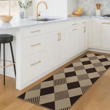 Imagem de Tapete xadrez de diamante 5 x 15 cm para cozinha - Tapete xadrez de juta fácil para entrada, quarto ao lado da cama, tecido de pelo baixo, lavável, preto e branco, decoração geométrica de casa de