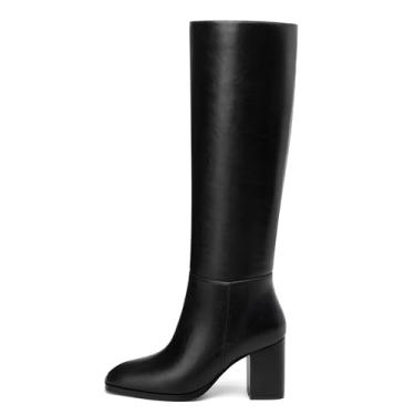 Imagem de NUMALEO Botas femininas na altura do joelho, salto grosso, bico quadrado, botas longas de 7,6 cm para mulheres, botas GoGo com zíper lateral, Preto, 38 BR