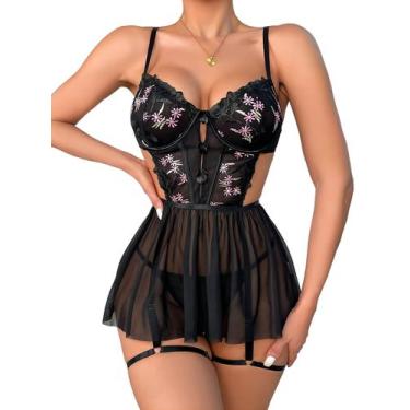 Imagem de Vestido deslizante de lingerie WDIRARA, bordado floral, malha preta