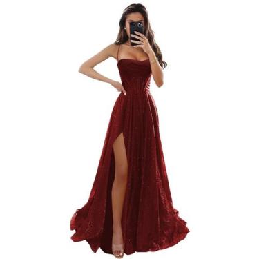 Imagem de Vestido de formatura LANGKAAO A-Line Cowl Neck Sparkly Burgundy tamanh