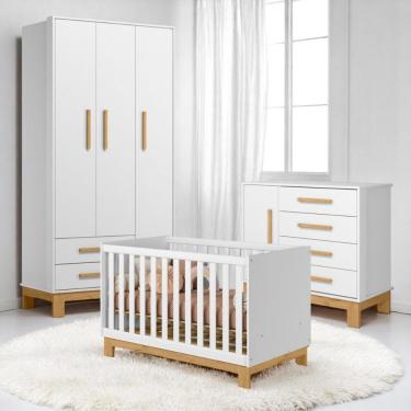 Imagem de Conjunto Infantil Encanto Slim Branco Acetinado Berço Encanto Slim Mini Cama + Cômoda Encanto Slim + Guarda-roupa