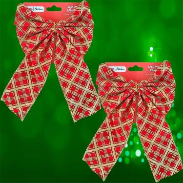 Imagem de Laço Pendente Natal Vermelho Gliter Dourado 16x24cm Kit 10pç