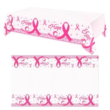 Imagem de Cranviech Presentes de câncer de mama, 2 peças de toalhas de mesa de conscientização sobre o câncer de mama, capas de mesa retangulares descartáveis de plástico com fita rosa para decorações de festa