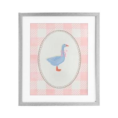Imagem de Stupell Industries Goose On Soft Pink Plaid Gray Impressão emoldurada sob vidro, design por The Paper Curator, 21 x 17