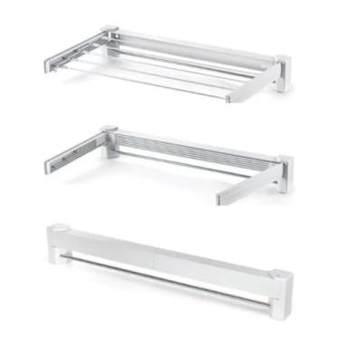 Imagem de Varal de Parede Retrátil Dobrável, Aço Inoxidável e ABS, 70cm, 5 Varetas, Branco, Suporta 5kg, para Lavanderia e Áreas Compactas