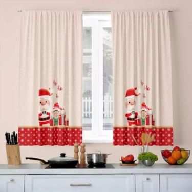 Imagem de Cortina de Cozinha Natal Tamanho 2,00 x 1,36 Passa Varão ou Passabarra Tecido Poliéster Não amassa e Não encolhe (Feliz Natal) (Papai Noel Bege)