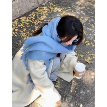 Imagem de Cachecol feminino grosso, grande, quente, longo, tartan, xale para outono e inverno (opção de presente feminino), Azul